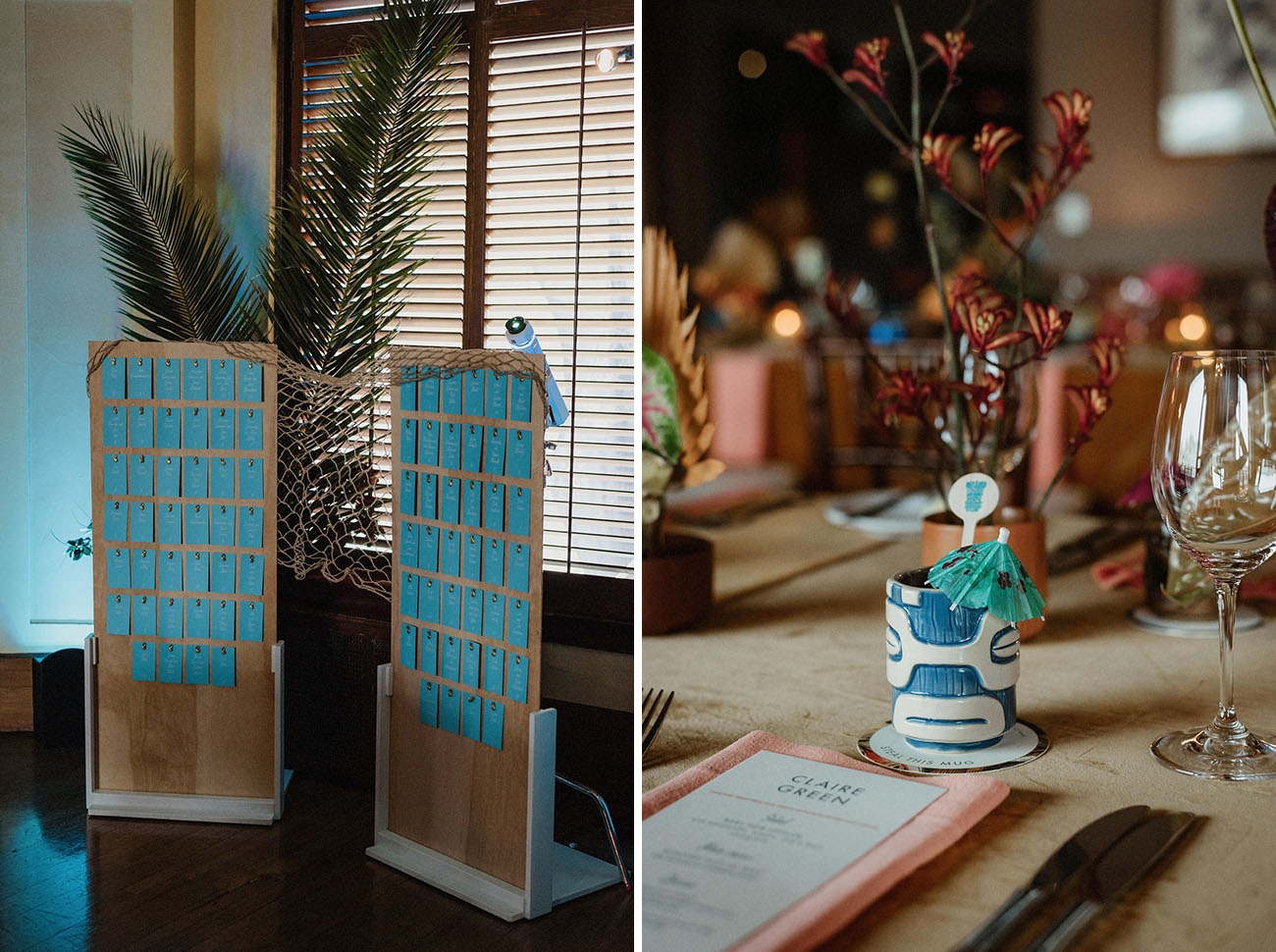 The reception was truly tiki, colorful and tropical, and the stationery was bright