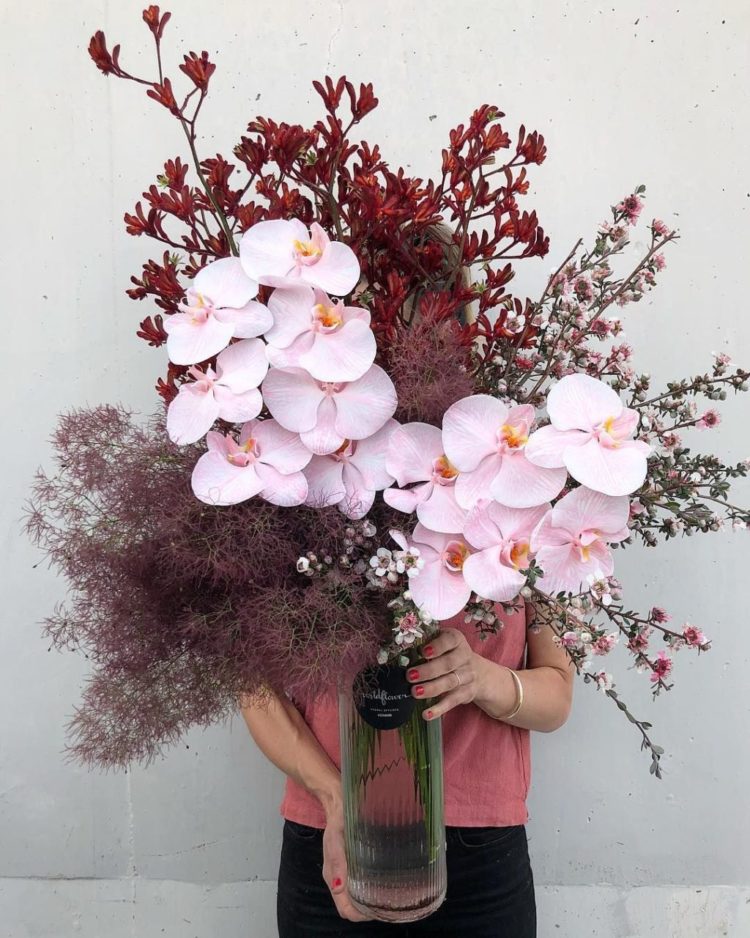 smoke bush, orchids, cherry blossom and Kangaroo paw for a statement wedding centerpiece or a beautiful wedding bouquet