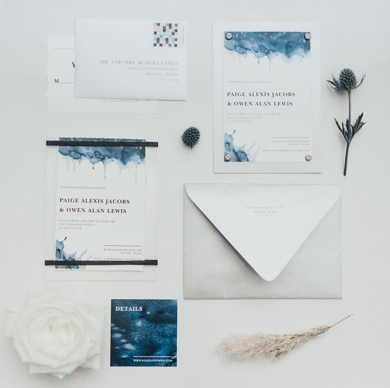 The wedding stationery was done with watercolors and various shades of blue