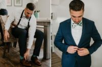 05 The groom was wearing a navy suit with suspenders and a bold printed bow tie plus mint socks