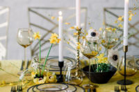 09 I love the combo of white elegant candles and dramatic black vases and candleholders plus yellow blooms