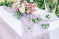 13 I also love this outdoor styling, with a lavender table runner, greeenery and pears and candles