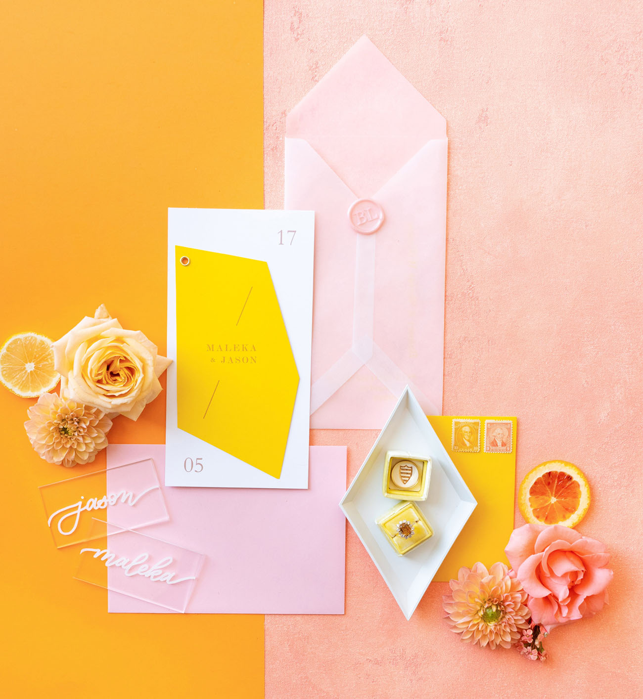 The wedding stationery was done bright, with geometric details and looked super rad