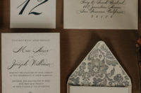 02 The wedding stationery was done in black and white, with floral lining and chic calligraphy