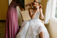 04 The bride was wearing a boho lace strapless A-line wedding dress with colorful crystals lining up the bodice and bright platform shoes, she finished the look with tassel earrings