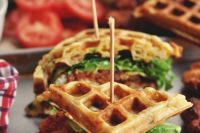 17 bacon, cheddar and green onion waffle sandwiches are a creative alternative to usual sliders