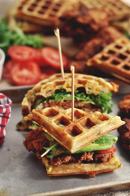 bacon, cheddar and green onion waffle sandwiches are a creative alternative to usual sliders