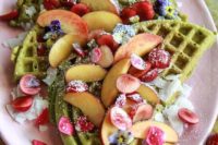 21 matcha waffles with edible blooms, petals, peach slices and cherries are lovely and delicious