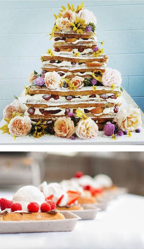 a showstopping waffle wedding cake with creamy, berries, neutral blooms and greenery is gorgeous