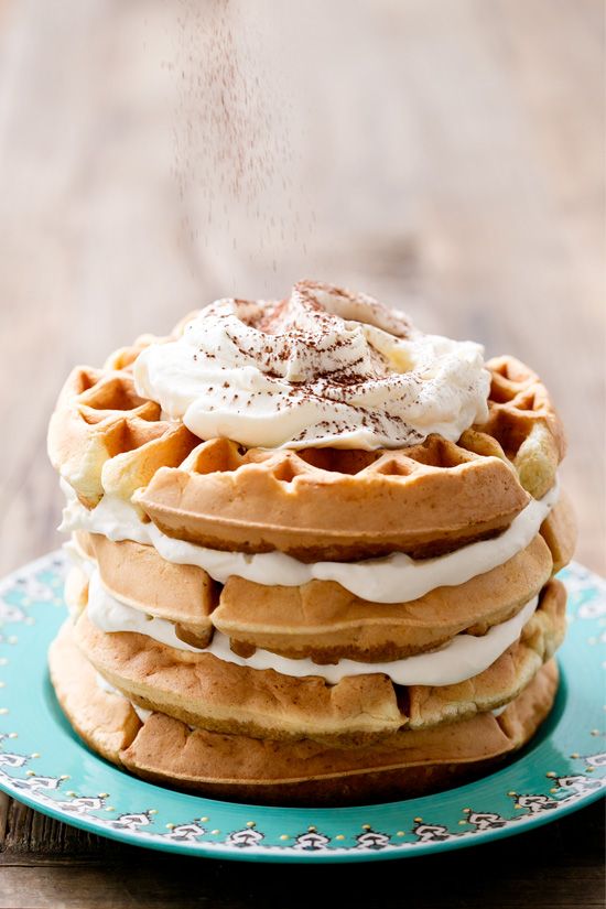 a simple tiramisu waffle cake with cream and chocolate is adorable and you can make it fast