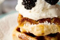 individual waffles with cream and blackberries are amazing, you can skip a usual cake