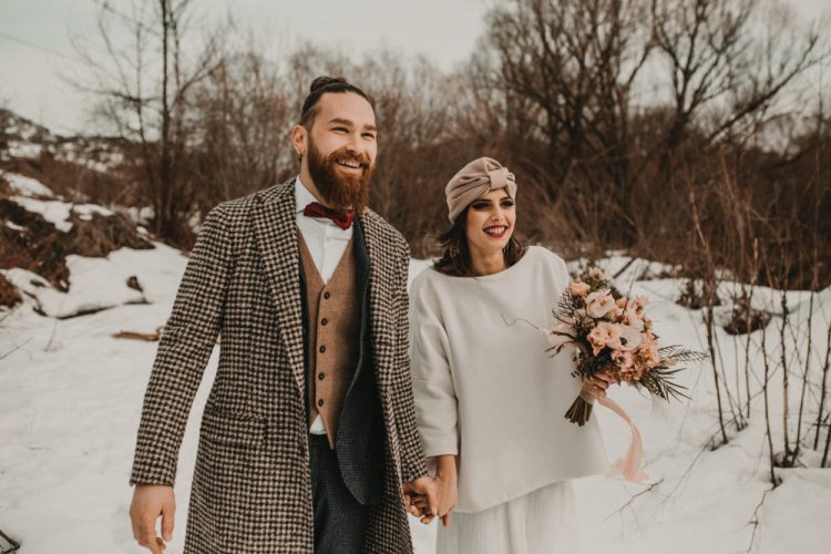 This snowy wedding shoot took place in the Italian mountains and showed off a cool and non typical color palette
