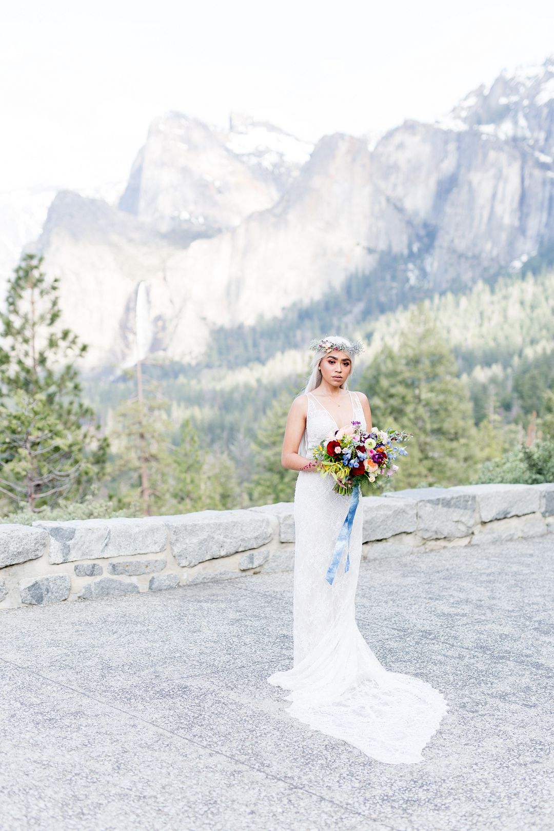 This wedding shoot took place in Yosemite National Park, with lots of bright colors and bold florals