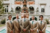 02 The groom and groomsmen were rocking tan-colored three-piece suits with emerald ties