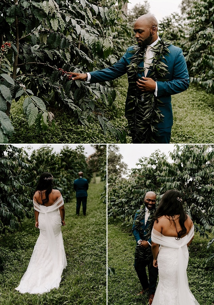 The groom was wearing a navy suit with a white shirt