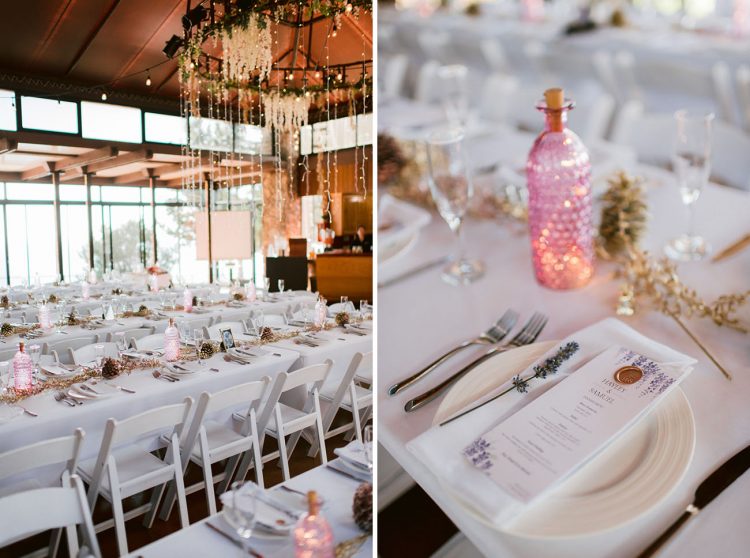 The reception space was done elegant, with lavender, gilded pinecones and herbs, pink bottles with candles