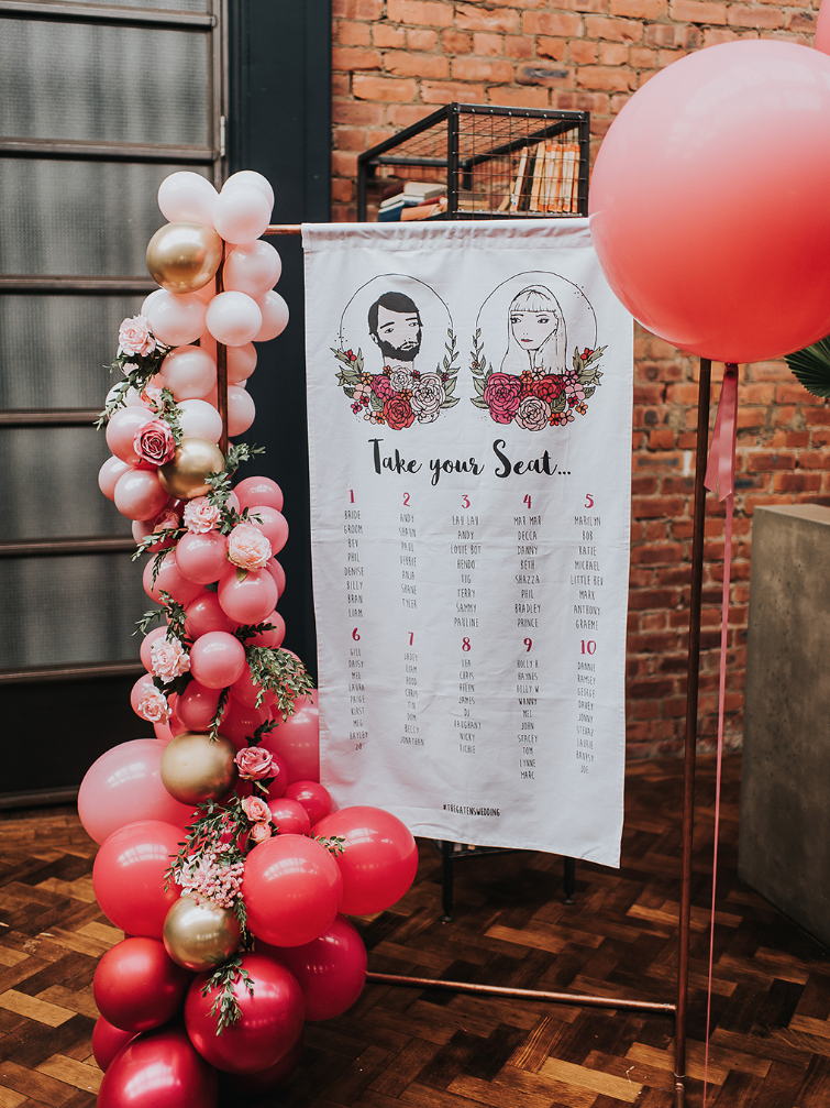 The wedding portrait was placed on the seating chart, too, and it was decorated with ombre balloons