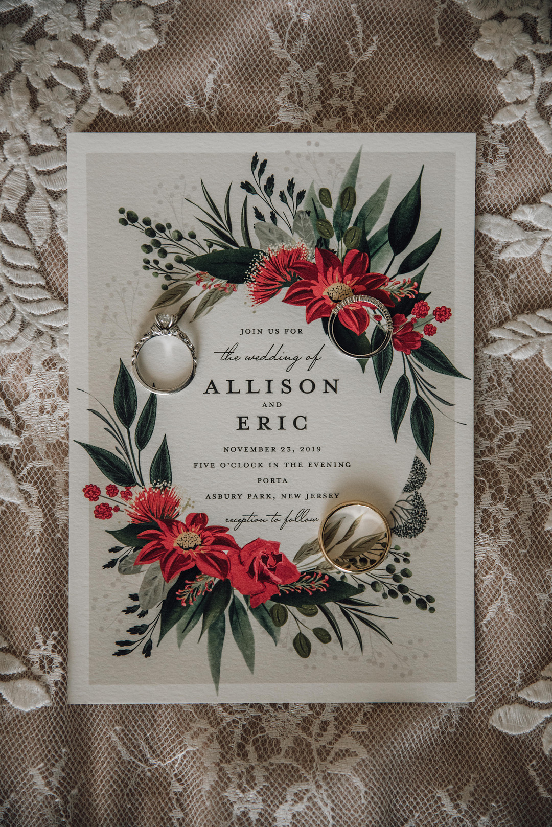 The wedding stationery was done with greenery and bright floral prints