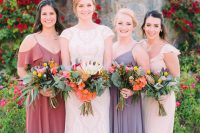 03 The bridesmaids were rocking simple and romantic mismatching dresses in muted and pastel shades