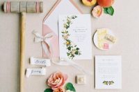 03 The wedding stationery was done in blush, green and with floral prints and look elegant