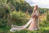 05 a blush floral applique wedding dress with a V-neckline and a train, a blush veil and pink hair for a pastel bridal look