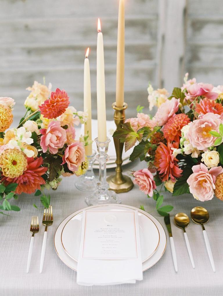 The wedding tablescape was refined and bright, the neutral linens were compensated with super bright florals
