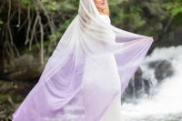 08 a modern plain sheath wedding dress paired with an ombre white to purple veil for an ultimate look
