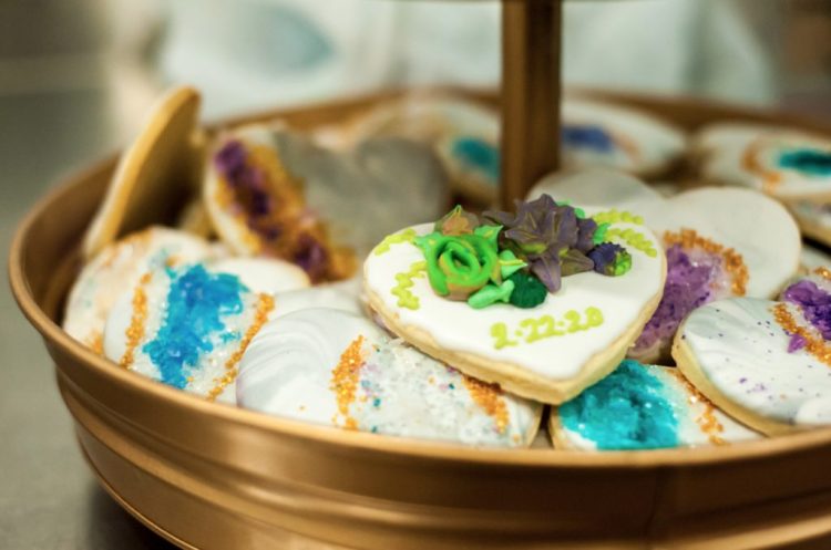 Crystal and succulent cookies were a nice idea for the wedding, no wedding cake