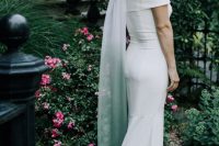 14 a modern plain off the shoulder mermaid wedding dress plus an ombre white to green veil for a touch of color and a modern twist