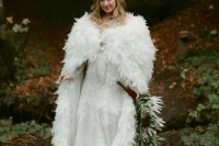 20 a lace sheath off the shoulder wedding dress with a train, a feather coverup, an embellished boho headpeice for a fairy tale bride