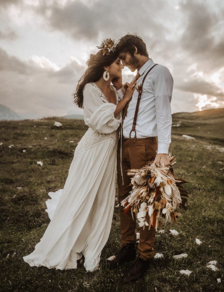 This real life couple was shot for a boho elopement in the Italian Dolomites