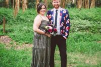 02 The bride was wearing a silver strap wedding dress and a bold headband, the groom was rocking a bold floral blazer