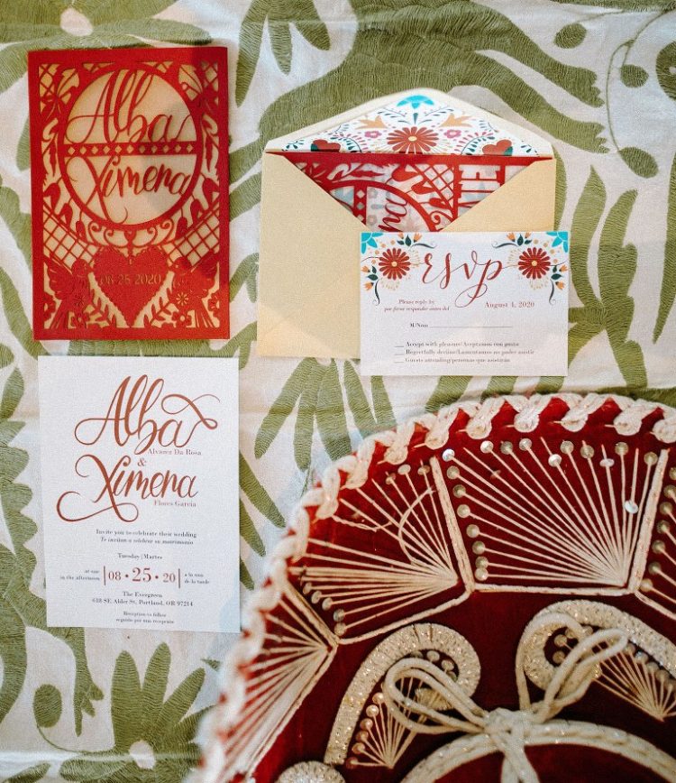 This colorful wedding invitation suite was created right for the shoot, with bold prints and calligraphy