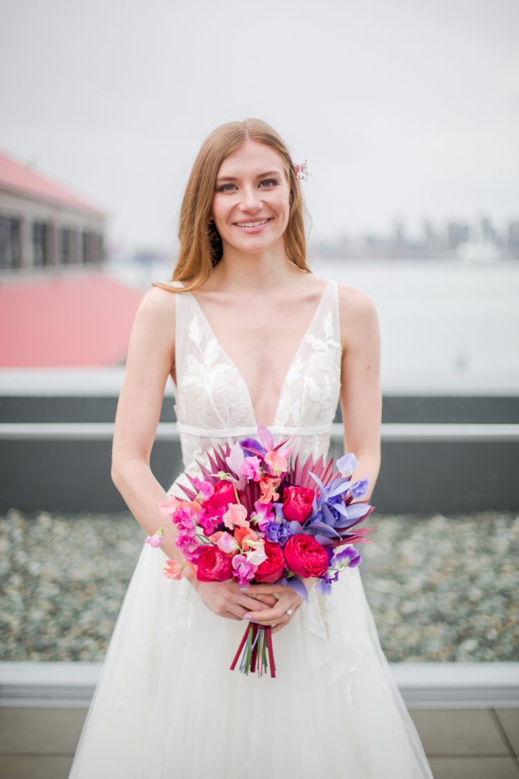 The bridal beauty was subtle accented and highlighted with simple hair and a touch of dried blooms