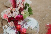 09 a super bold wedding arrangement of blush and bold blooms, pampas grass, greenery and disco balls by it looks wow
