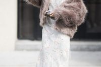 10 a gorgeous modern glam bridal look with a lace floral midi dress, burgundy velvet shoes and a mauve fuzzy fur coat