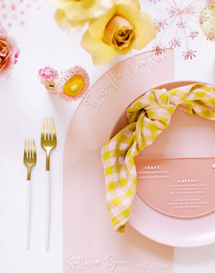 The plates and chargers were blush ones, mustard blooms and plaid napkins finished off the look