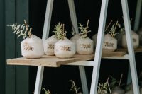 12 a stand with drinkable coconuts, metal straws and greenery is a great idea for a tropical wedding