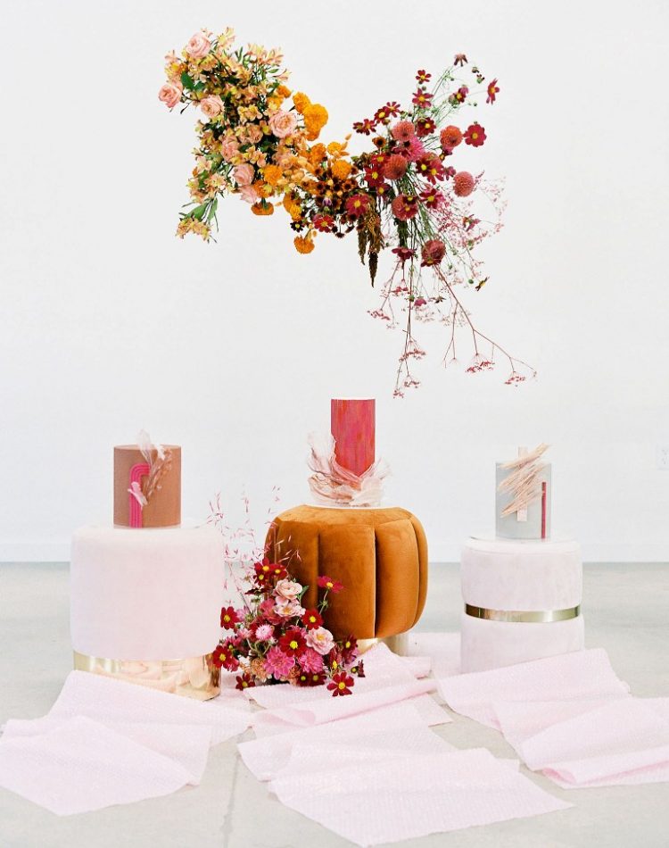 These three amazing wedding cakes with bold decor and much texture and an overhead installation just make me drop my jaw