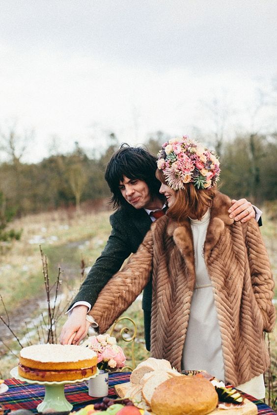 a vintage brown faux fur coat for a 60s inspired wedding, a warm piece to rock outside