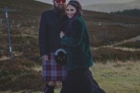 Alanna always wanted a black dress for her wedding, so she chose a sleeveless maxi one and mixed it with flat boots and an emerald faux fur jacket