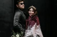a bold and edgy faux fur color block coat is a gorgeous statement for a bridal look, it will keep you warm and bold