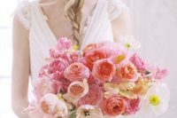 a chic obre wedding bouquet of peachy, pink, and bright pink blooms is a stylish and bold idea to rock