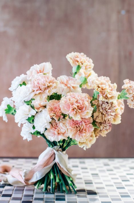 an ombre carnation wedding bouquet from white and blush blooms and some blush ribbons is a stylish and non-traditional idea