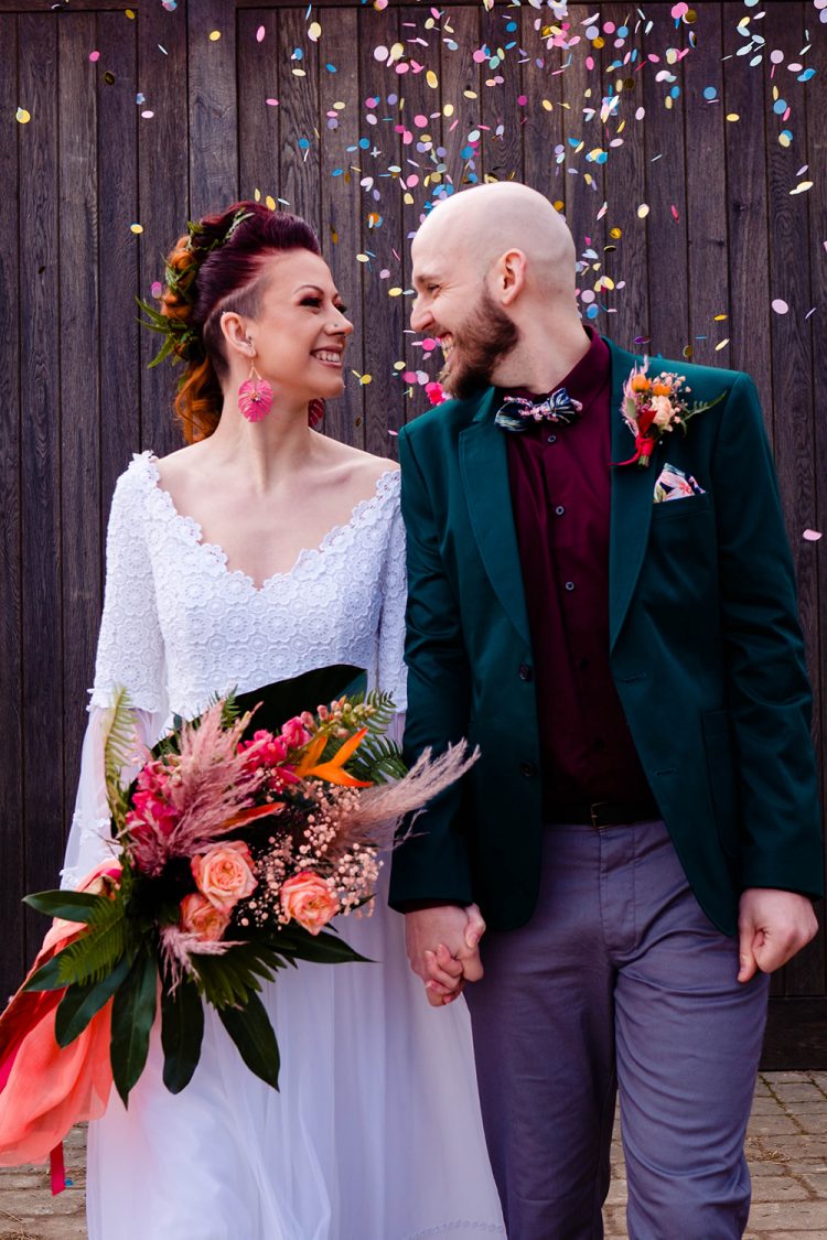This bright modern tropical wedding shoot is infused with bold colors and prints