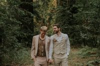 03 One groom was wearing a tan suit with a sheer floral embroidery top, chains and white moccasins, the other groom was wearing an ivory waistcoat and pants and a floral boutonniere