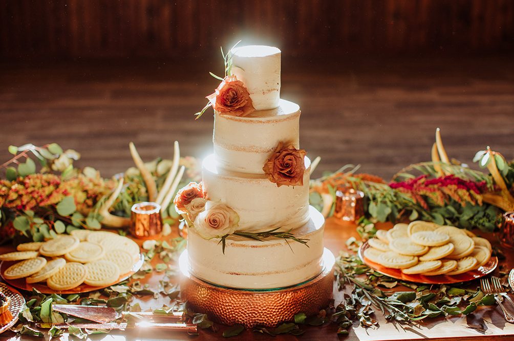 The wedding cake was an elegant naked one, topped with rust and blush roses and greenery