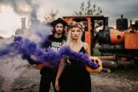 11 Some carved pumpkins with colorful smoke look amazing in wedding portraits