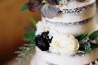 a semi-naked wedding cake with white and burgundy blooms, greenery is a lovely idea for a fall vineyard wedding