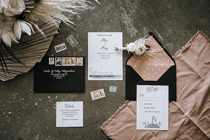 The wedding stationery was done blush, black and white, with a star print